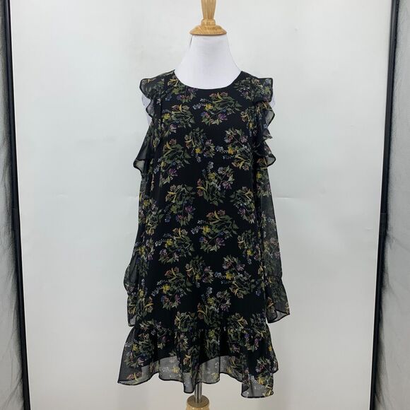 BCBGeneration Cold Shoulder Dress Womens XXS 2XS Floral Ruffle Lined Keyhole - Picture 2 of 15